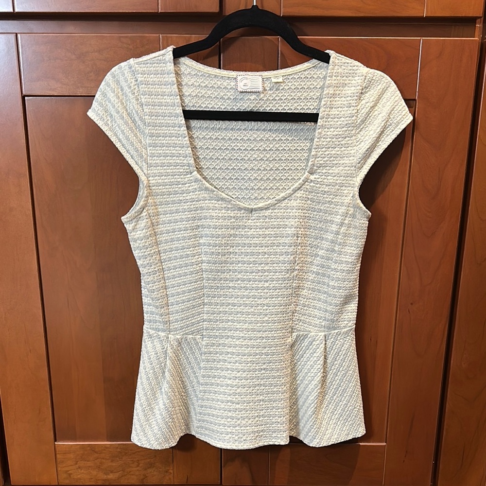 Anthropologie White and Cream Peplum Cap Sleeve Blouse
